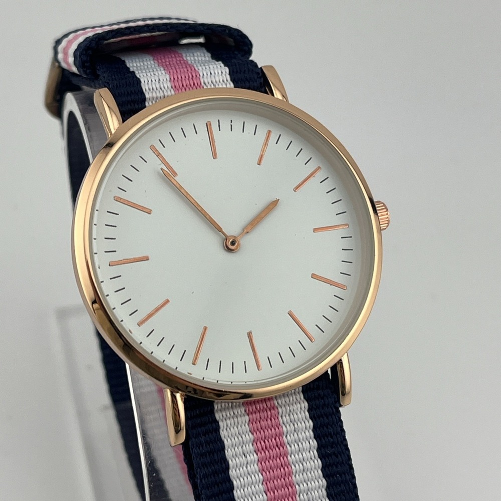 Women's Rose Gold Quartz Watch Blue/Pink/White Nato Strap Band- New Battery